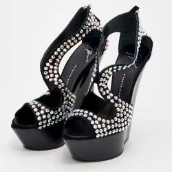 Pre Owned Giuseppe Zanotti Black Suede Crystal Embellished Platform Wedge Sandals Size 39