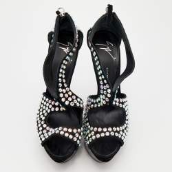 Pre Owned Giuseppe Zanotti Black Suede Crystal Embellished Platform Wedge Sandals Size 39
