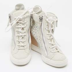 Pre Owned Giuseppe Zanotti Light Grey/Beige Suede And Leather Embellished Wedge Sneakers Size 39.5