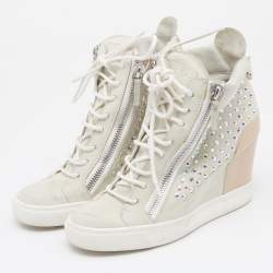 Pre Owned Giuseppe Zanotti Light Grey/Beige Suede And Leather Embellished Wedge Sneakers Size 39.5