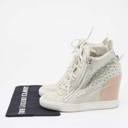 Pre Owned Giuseppe Zanotti Light Grey/Beige Suede And Leather Embellished Wedge Sneakers Size 39.5