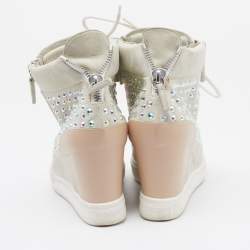 Pre Owned Giuseppe Zanotti Light Grey/Beige Suede And Leather Embellished Wedge Sneakers Size 39.5