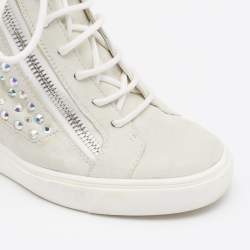 Pre Owned Giuseppe Zanotti Light Grey/Beige Suede And Leather Embellished Wedge Sneakers Size 39.5