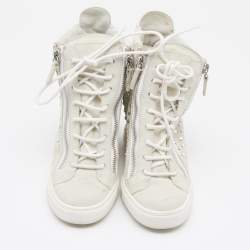 Pre Owned Giuseppe Zanotti Light Grey/Beige Suede And Leather Embellished Wedge Sneakers Size 39.5