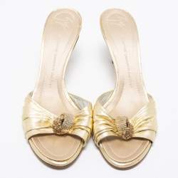 مملوكة مسبقًا Giuseppe Zanotti Metallic Gold Leather Crystal Embellished Slide Sandals Size 40