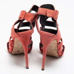 Giuseppe Zanotti Coral Pink Suede Cut Out Cage Sandals Size 40