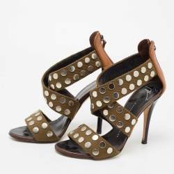 Pre Owned صندل جوسيبي زانوتي جلد وكانفاس مرصع أخضر زيتوني/بني بسيور مقاس 38