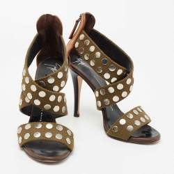 Pre Owned صندل جوسيبي زانوتي جلد وكانفاس مرصع أخضر زيتوني/بني بسيور مقاس 38