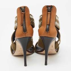 Pre Owned صندل جوسيبي زانوتي جلد وكانفاس مرصع أخضر زيتوني/بني بسيور مقاس 38