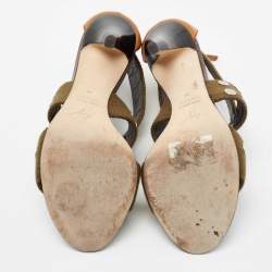 Pre Owned صندل جوسيبي زانوتي جلد وكانفاس مرصع أخضر زيتوني/بني بسيور مقاس 38