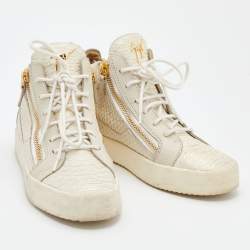 مملوكة مسبقًا Giuseppe Zanotti Cream Python Embossed Leather Double Zip High Top Sneakers Size 39