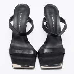 Pre Owned Giuseppe Zanotti Black Leather Square Toe Slide Sandals Size 37