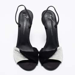 مملوكة مسبقًا Giuseppe Zanotti Black/White Leather And Suede Crystal Embellished Allen Slingback Sandals Size 37