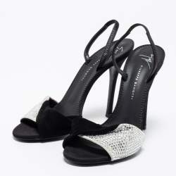 مملوكة مسبقًا Giuseppe Zanotti Black/White Leather And Suede Crystal Embellished Allen Slingback Sandals Size 37