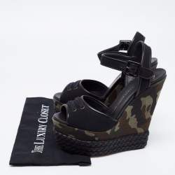 Giuseppe Zanotti Black Canvas And Leather Braided Camouflage Platform Wedge Sandals Size 41