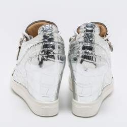 Giuseppe Zanotti Silver Croc Embossed Leather Double Zip Wedge Sneakers Size 37