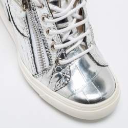 Giuseppe Zanotti Silver Croc Embossed Leather Double Zip Wedge Sneakers Size 37