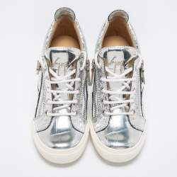 Giuseppe Zanotti Silver Croc Embossed Leather Double Zip Wedge Sneakers Size 37