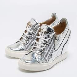 Giuseppe Zanotti Silver Croc Embossed Leather Double Zip Wedge Sneakers Size 37