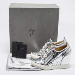 Giuseppe Zanotti Silver Croc Embossed Leather Double Zip Wedge Sneakers Size 37