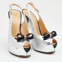 Pre Owned صندل جوسيبي زانوتي جلد فضي/أسود بفيونكة نعل سميك فتحة كعب مقاس 38