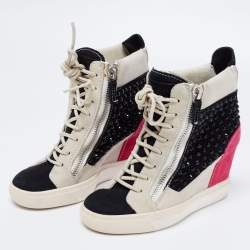 Giuseppe Zanotti Multicolor Crystal Embellished Suede Wedge Sneakers Size 36