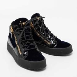 Pre Owned Giuseppe Zanotti Black/Navy Blue Velvet and Leather Coby High Top Sneakers Size 40