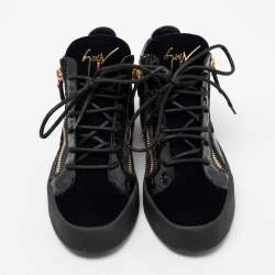 Pre Owned Giuseppe Zanotti Black/Navy Blue Velvet and Leather Coby High Top Sneakers Size 40