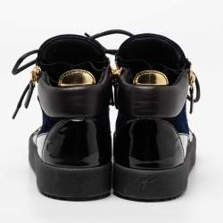 Pre Owned Giuseppe Zanotti Black/Navy Blue Velvet and Leather Coby High Top Sneakers Size 40