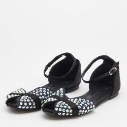 Pre Owned صندل فلات جوسيبي زانوتي ساتان وسويدي أسود/أزرق مزخرف كريستال بحزام للكاحل مقاس 39