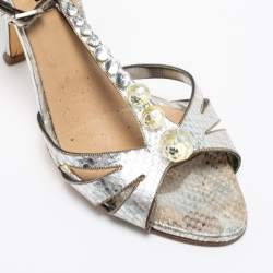 Le Silla Silver Python Embossed Leather T-Strap Platform Sandals Size 37.5 