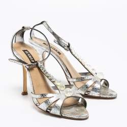 Le Silla Silver Python Embossed Leather T-Strap Platform Sandals Size 37.5 