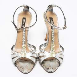 Le Silla Silver Python Embossed Leather T-Strap Platform Sandals Size 37.5 