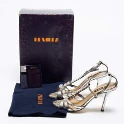 Le Silla Silver Python Embossed Leather T-Strap Platform Sandals Size 37.5 