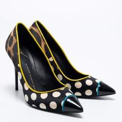 مملوكة مسبقًا Giuseppe Zanotti Multicolor Leopard/Polka Dot Print Satin And Patent Leather Yvette Pointed Toe Pumps Size 38