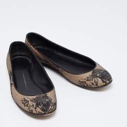Giuseppe Zanotti Beige/Black Mesh and Leather Embellished Ballet Flats Size 37