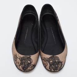 Giuseppe Zanotti Beige/Black Mesh and Leather Embellished Ballet Flats Size 37
