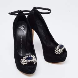 Pre Owned Giuseppe Zanotti Black Suede Crystal Embellished Ankle-Strap Peep-Toe Platform Pumps Size 35