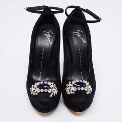 Pre Owned Giuseppe Zanotti Black Suede Crystal Embellished Ankle-Strap Peep-Toe Platform Pumps Size 35