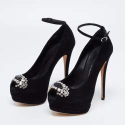 Pre Owned Giuseppe Zanotti Black Suede Crystal Embellished Ankle-Strap Peep-Toe Platform Pumps Size 35