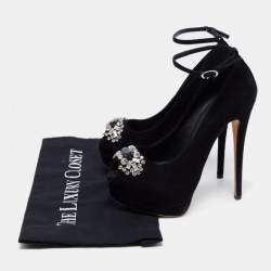 Pre Owned Giuseppe Zanotti Black Suede Crystal Embellished Ankle-Strap Peep-Toe Platform Pumps Size 35