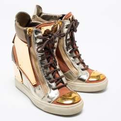 Pre Owned Giuseppe Zanotti Multicolor Leather and Suede Hidden Wedge Sneakers Size 38