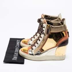 Pre Owned Giuseppe Zanotti Multicolor Leather and Suede Hidden Wedge Sneakers Size 38