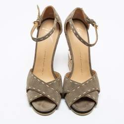 Pre Owned Giuseppe Zanotti Olive Green Suede Espadrilles Wedge Ankle Strap Sandals Size 38
