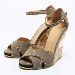 Pre Owned Giuseppe Zanotti Olive Green Suede Espadrilles Wedge Ankle Strap Sandals Size 38