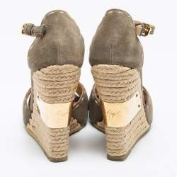 Pre Owned Giuseppe Zanotti Olive Green Suede Espadrilles Wedge Ankle Strap Sandals Size 38