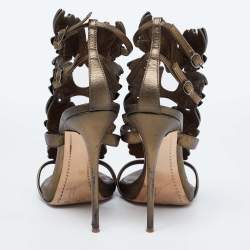 مملوكة مسبقًا صندل جوسيبي زانوتي ارغينت جلد أخضر زيتوني سيور مزينة جناح معدن مقاس 38.5