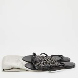 Pre Owned صندل جوسيبي زانوتي فلات سويدي بسيور مزين بعظام السمك أسود مقاس 39