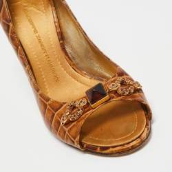 Giuseppe Zanotti Brown Croc Embossed Leather Embellished Open-Toe Pumps Size 39.5