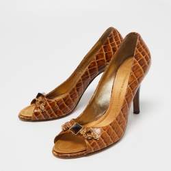 Giuseppe Zanotti Brown Croc Embossed Leather Embellished Open-Toe Pumps Size 39.5